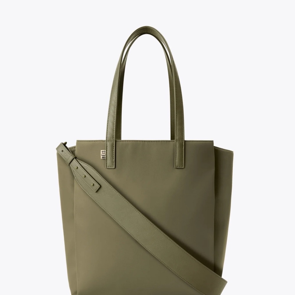 BEIS Green Tote Bag with Structured Shape and Detachable Strap
